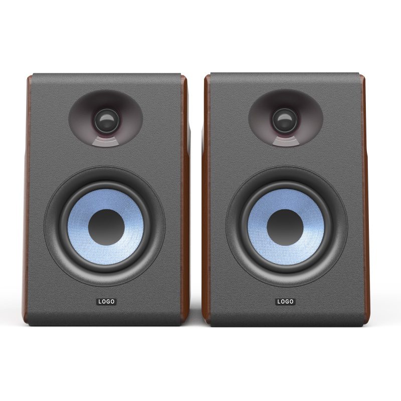 4-inch Bookshelf Speaker with Blue Exposed-Woofer Mounted on Plywood in a Black Enclosure-2