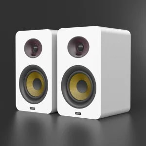 4-inch Bookshelf Speaker with Yellow Exposed Planar Woofer in White Enclosure-1