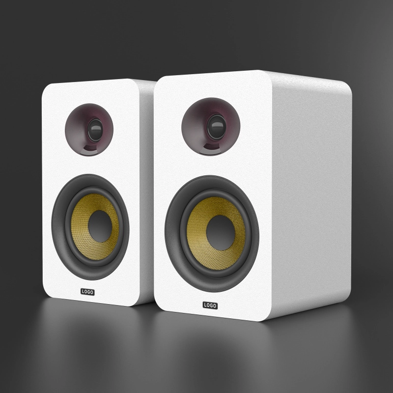 4-inch Bookshelf Speaker with Yellow Exposed Planar Woofer in White Enclosure-1