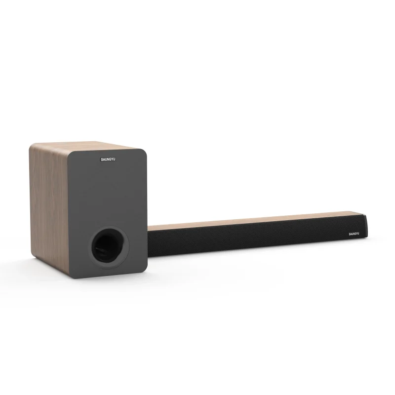 Soundbar in a wood-grain cabinet with an included subwoofer-3