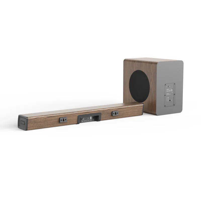 Soundbar in a wood-grain cabinet with an included subwoofer-4