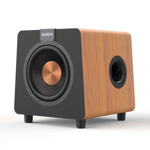 8-inch fiberglass speaker subwoofer in a wood-grain cabinet featuring black front and rear baffles-1