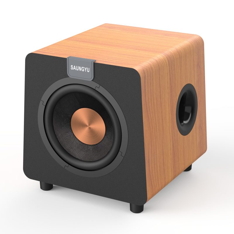 8-inch fiberglass speaker subwoofer in a wood-grain cabinet featuring black front and rear baffles-3