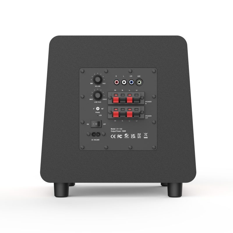 8-inch fiberglass speaker subwoofer in a wood-grain cabinet featuring black front and rear baffles-4